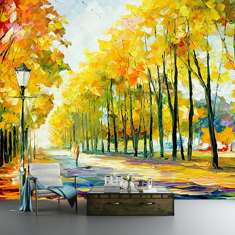 Illustration Autumn Street Wall Murals Customized Wall Decor for Living Room, Orange-Yellow Orange-Yellow Clearhalo 'Wall Decor' 'Wall Mural' 1171202