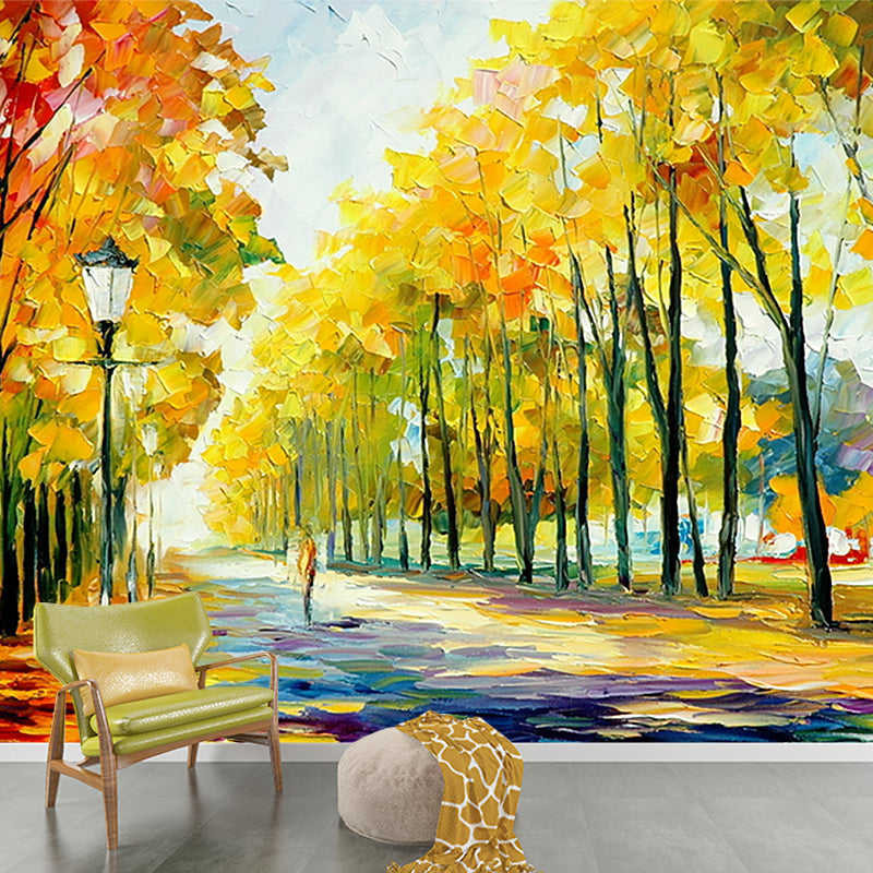 Illustration Autumn Street Wall Murals Customized Wall Decor for Living Room, Orange-Yellow Clearhalo 'Wall Decor' 'Wall Mural' 1171203