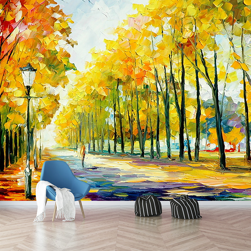 Illustration Autumn Street Wall Murals Customized Wall Decor for Living Room, Orange-Yellow Clearhalo 'Wall Decor' 'Wall Mural' 1171204