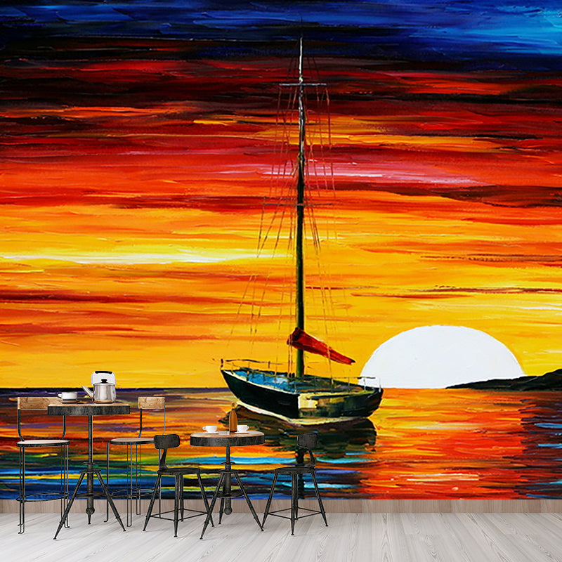 Serenity Sunset Sea Boat Murals Moisture Resistant Classical Hallway Wall Decoration in Orange-Blue Orange-Blue Clearhalo 'Wall Decor' 'Wall Mural' 1171212