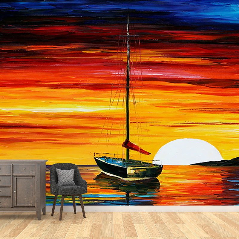 Serenity Sunset Sea Boat Murals Moisture Resistant Classical Hallway Wall Decoration in Orange-Blue Clearhalo 'Wall Decor' 'Wall Mural' 1171213