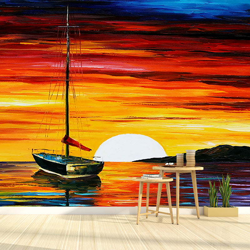 Serenity Sunset Sea Boat Murals Moisture Resistant Classical Hallway Wall Decoration in Orange-Blue Clearhalo 'Wall Decor' 'Wall Mural' 1171214