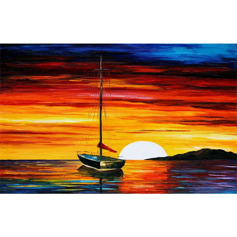 Serenity Sunset Sea Boat Murals Moisture Resistant Classical Hallway Wall Decoration in Orange-Blue Clearhalo 'Wall Decor' 'Wall Mural' 1171215