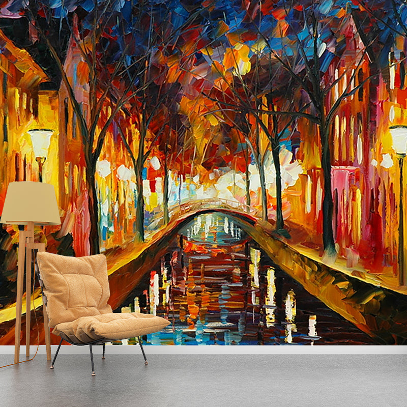 Orange Small Town Bridge Mural Stain Proof Wall Covering for Home Decor, Custom Size Available Orange Clearhalo 'Wall Decor' 'Wall Mural' 1171217