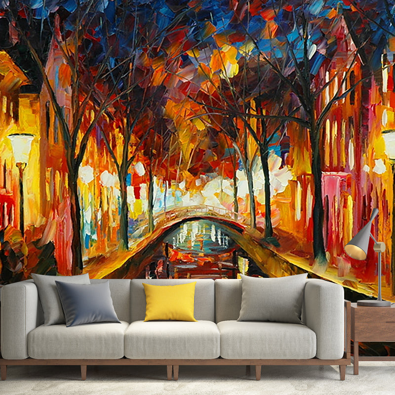 Orange Small Town Bridge Mural Stain Proof Wall Covering for Home Decor, Custom Size Available Clearhalo 'Wall Decor' 'Wall Mural' 1171219