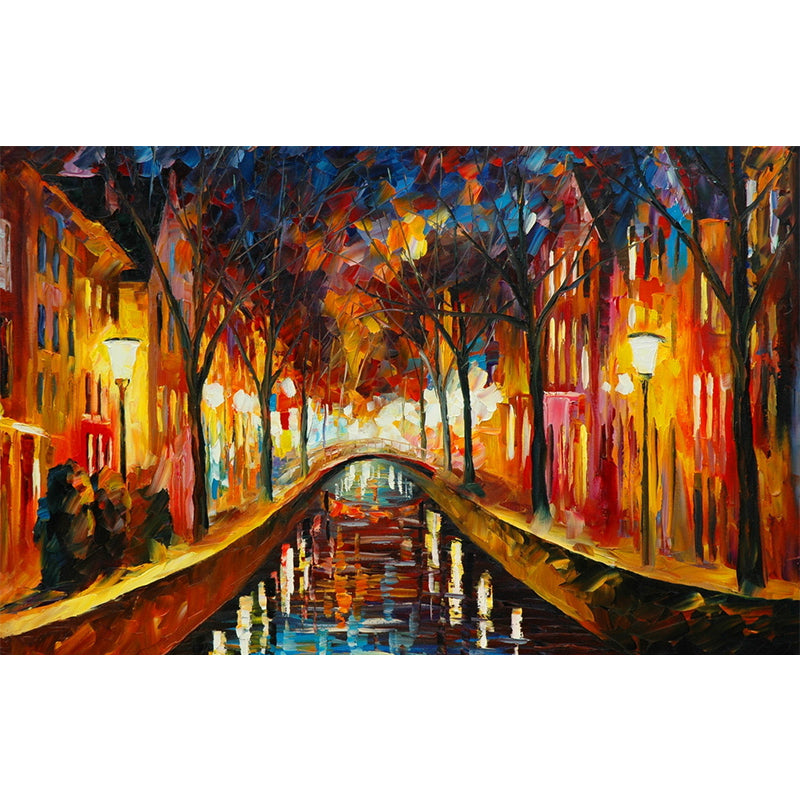 Orange Small Town Bridge Mural Stain Proof Wall Covering for Home Decor, Custom Size Available Clearhalo 'Wall Decor' 'Wall Mural' 1171220