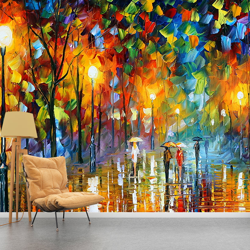 Illustration Street in Fall Murals for Living Room Decoration in Orange-Blue, Customized Orange-Blue Clearhalo 'Wall Decor' 'Wall Mural' 1171222