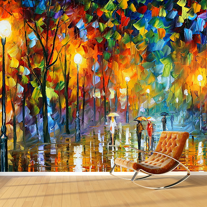 Illustration Street in Fall Murals for Living Room Decoration in Orange-Blue, Customized Clearhalo 'Wall Decor' 'Wall Mural' 1171223