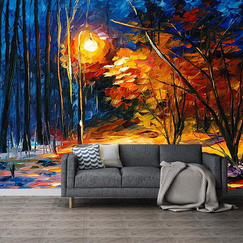 Night Forest Painting Wall Murals Classic Stain-Resistant Bedroom Wall Art, Custom Size Available Orange-Blue Clearhalo 'Wall Decor' 'Wall Mural' 1171227