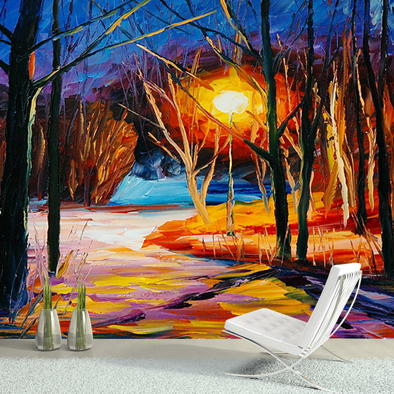 Forest at Winter Night Murals Orange-Blue Living Room Wall Decoration, Size Optional Orange-Blue Clearhalo 'Wall Decor' 'Wall Mural' 1171232