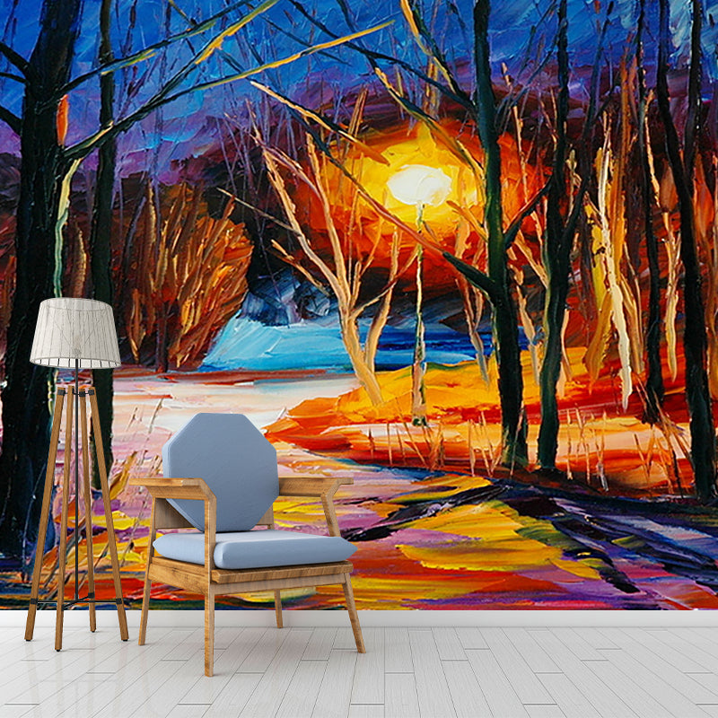 Forest at Winter Night Murals Orange-Blue Living Room Wall Decoration, Size Optional Clearhalo 'Wall Decor' 'Wall Mural' 1171233