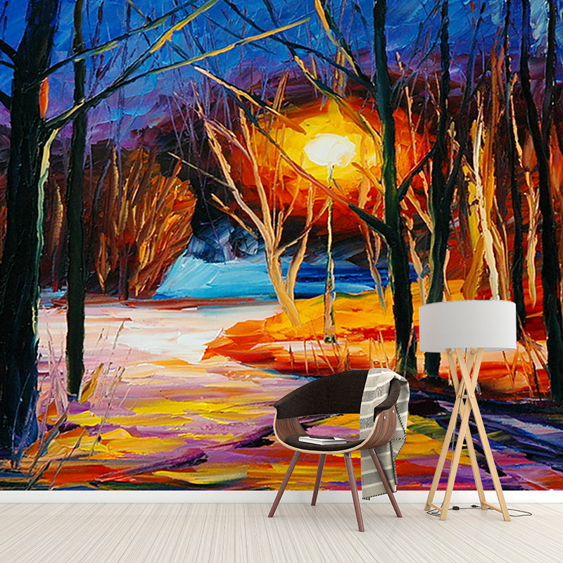 Forest at Winter Night Murals Orange-Blue Living Room Wall Decoration, Size Optional Clearhalo 'Wall Decor' 'Wall Mural' 1171234