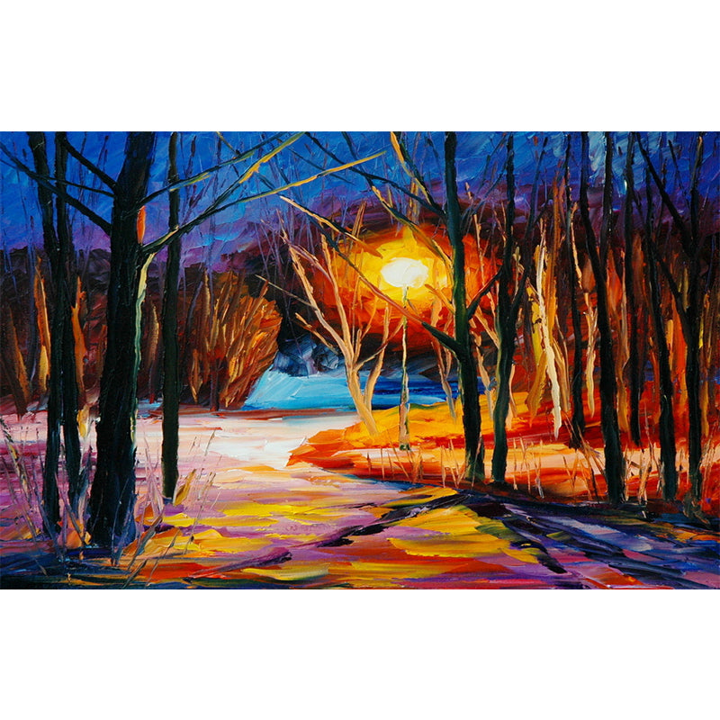 Forest at Winter Night Murals Orange-Blue Living Room Wall Decoration, Size Optional Clearhalo 'Wall Decor' 'Wall Mural' 1171235