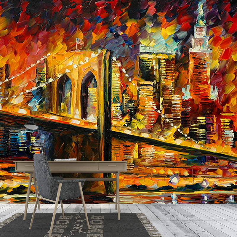 Full-Size Illustration Classic Murals with Leonid Afremov Bridge Slope Painting Pattern in Orange-Yellow Clearhalo 'Wall Decor' 'Wall Mural' 1171238