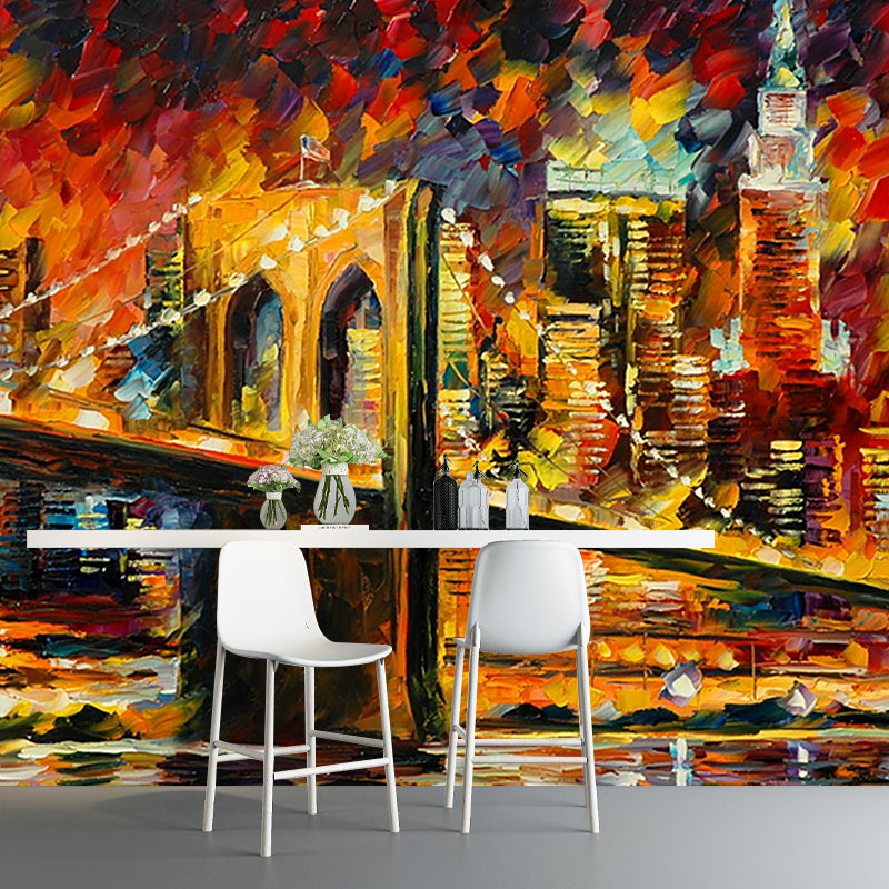 Full-Size Illustration Classic Murals with Leonid Afremov Bridge Slope Painting Pattern in Orange-Yellow Clearhalo 'Wall Decor' 'Wall Mural' 1171239