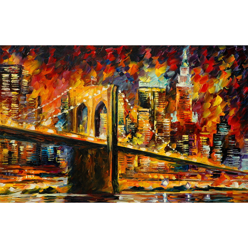 Full-Size Illustration Classic Murals with Leonid Afremov Bridge Slope Painting Pattern in Orange-Yellow Clearhalo 'Wall Decor' 'Wall Mural' 1171240