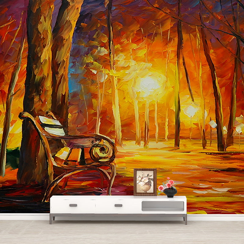 Orange Classic Wall Covering Murals Customized Chair at Fall Night Park Painting Wall Art for Bedroom Orange Clearhalo 'Wall Decor' 'Wall Mural' 1171247