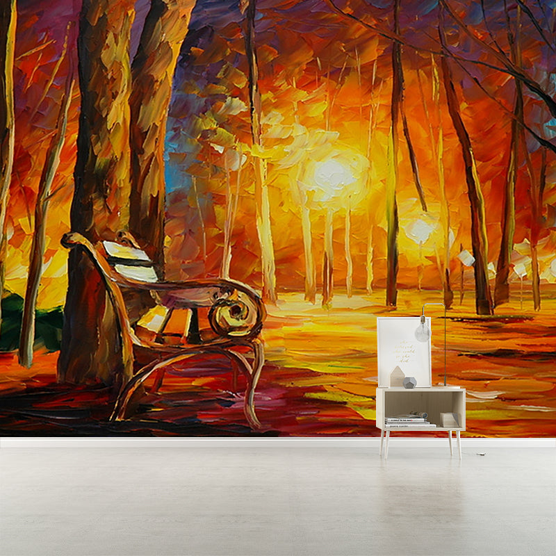 Orange Classic Wall Covering Murals Customized Chair at Fall Night Park Painting Wall Art for Bedroom Clearhalo 'Wall Decor' 'Wall Mural' 1171248