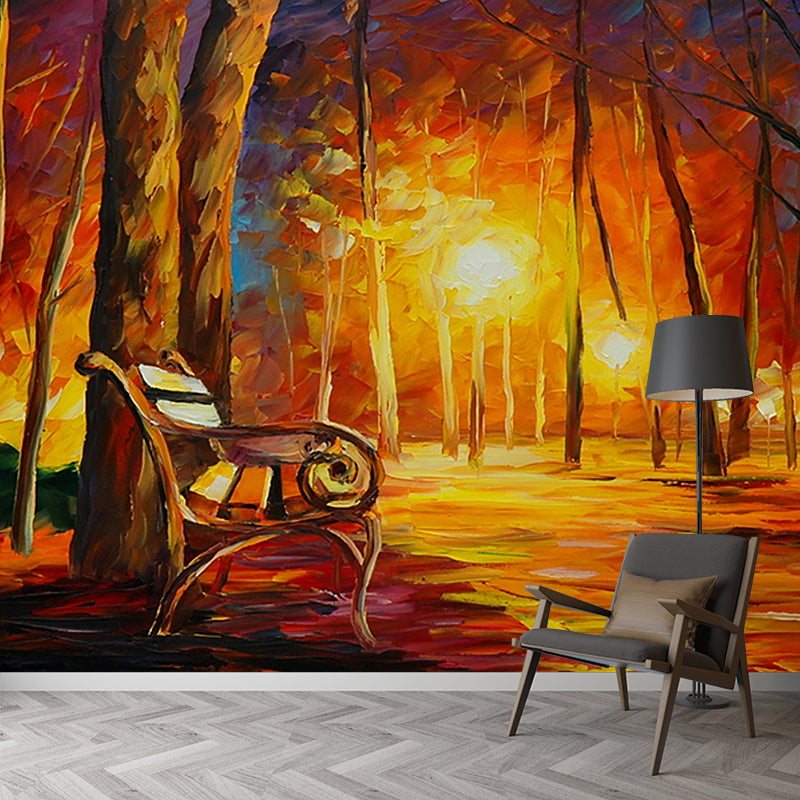 Orange Classic Wall Covering Murals Customized Chair at Fall Night Park Painting Wall Art for Bedroom Clearhalo 'Wall Decor' 'Wall Mural' 1171249