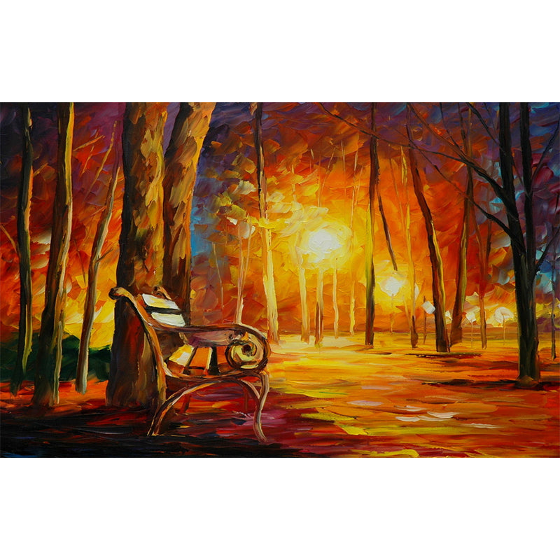 Orange Classic Wall Covering Murals Customized Chair at Fall Night Park Painting Wall Art for Bedroom Clearhalo 'Wall Decor' 'Wall Mural' 1171250