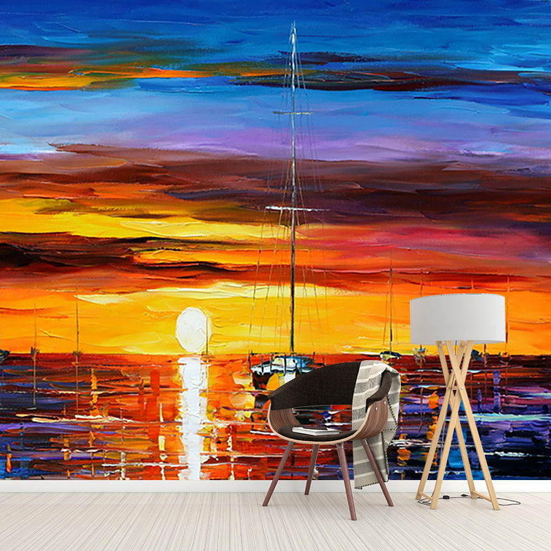 Classic Sunset Ocean Wallpaper Murals for Living Room Full-Size Wall Decor in Orange-Blue Orange-Blue Clearhalo 'Wall Decor' 'Wall Mural' 1171257