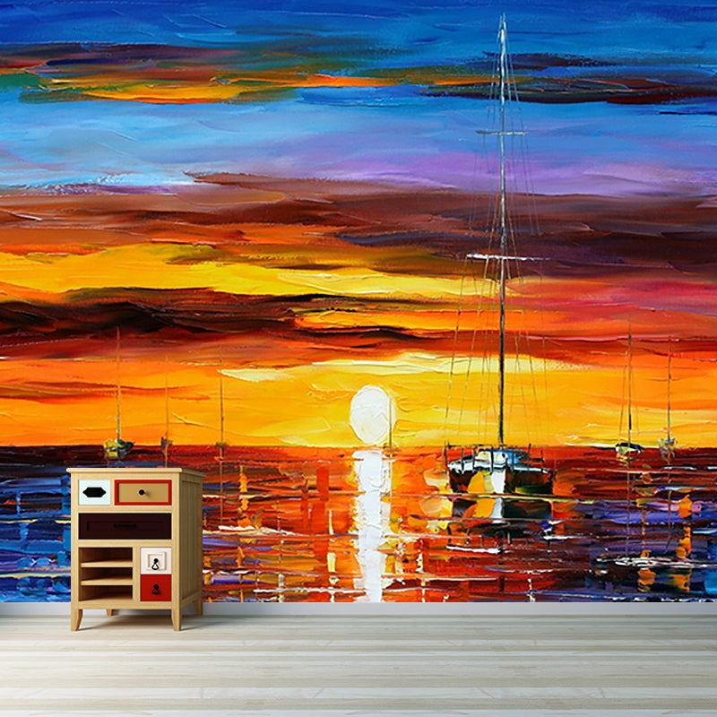 Classic Sunset Ocean Wallpaper Murals for Living Room Full-Size Wall Decor in Orange-Blue Clearhalo 'Wall Decor' 'Wall Mural' 1171258