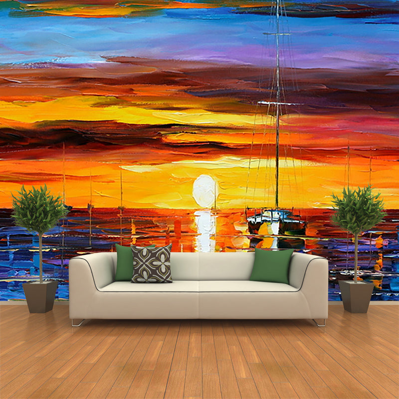 Classic Sunset Ocean Wallpaper Murals for Living Room Full-Size Wall Decor in Orange-Blue Clearhalo 'Wall Decor' 'Wall Mural' 1171259