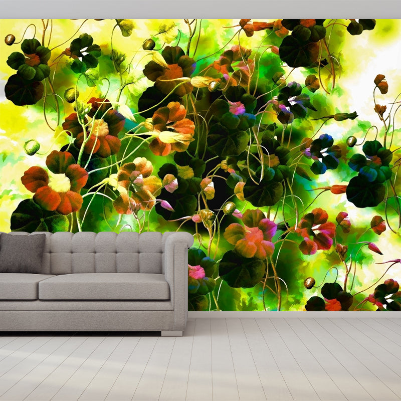 Full Size Lotus Drawing Murals Yellow-Green Non-Woven Cloth Wall Art, Stain Resistant Yellow-Green Clearhalo 'Wall Decor' 'Wall Mural' 1171262