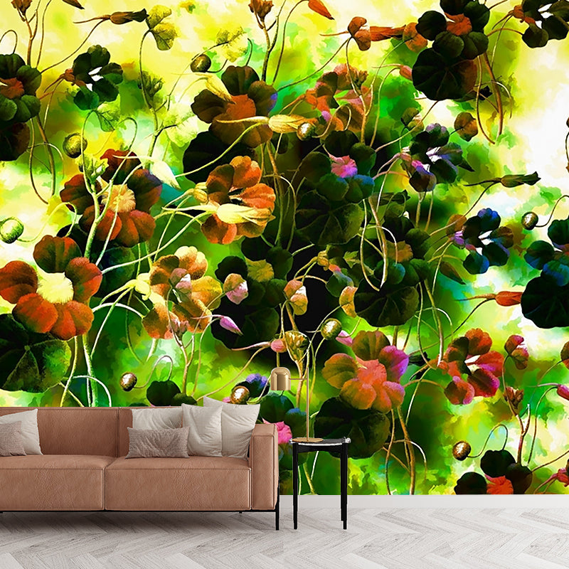 Full Size Lotus Drawing Murals Yellow-Green Non-Woven Cloth Wall Art, Stain Resistant Clearhalo 'Wall Decor' 'Wall Mural' 1171263