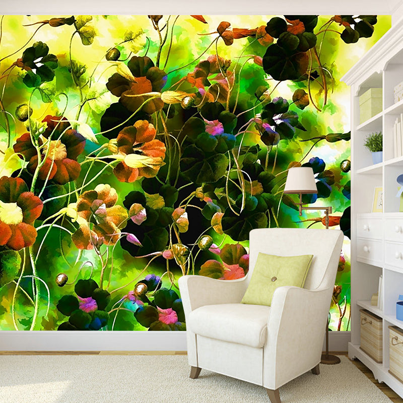 Full Size Lotus Drawing Murals Yellow-Green Non-Woven Cloth Wall Art, Stain Resistant Clearhalo 'Wall Decor' 'Wall Mural' 1171264