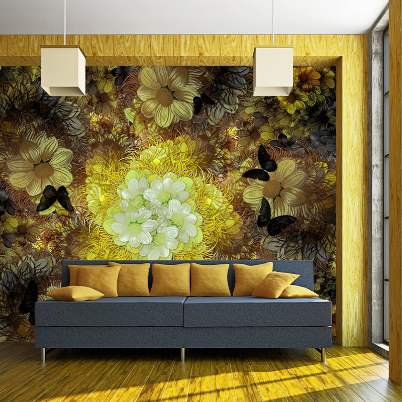 Grey-Yellow Chrysanths Mural Wallpaper Flower Classical Stain-Proof Wall Decoration Gray-Yellow Clearhalo 'Wall Decor' 'Wall Mural' 1171267