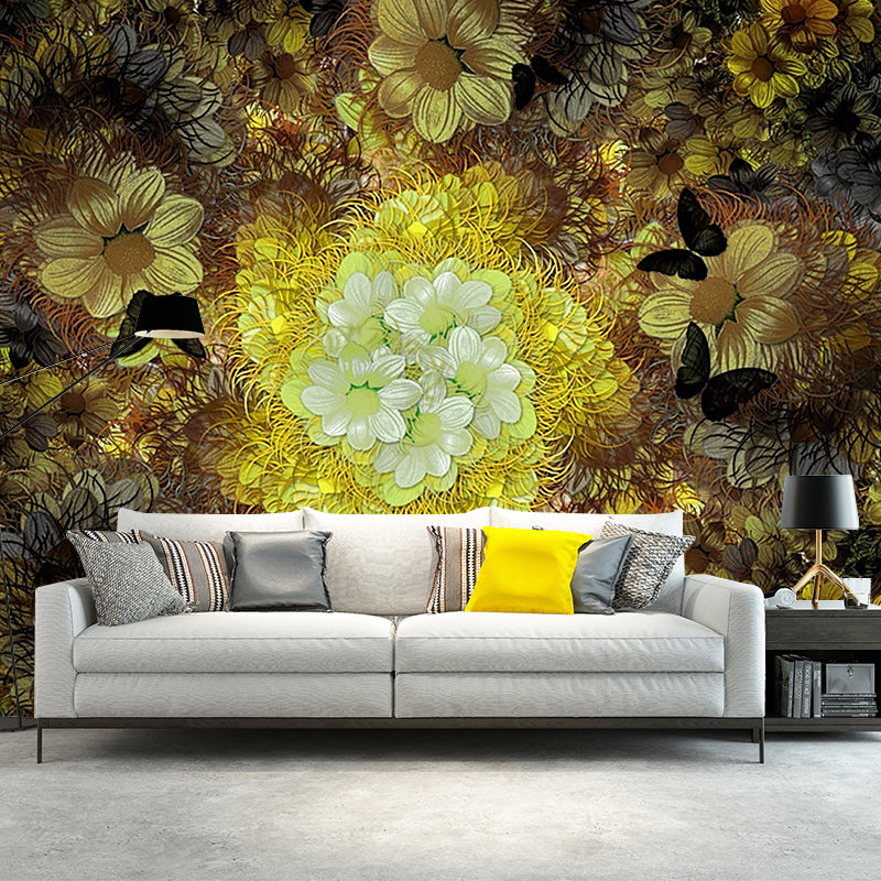 Grey-Yellow Chrysanths Mural Wallpaper Flower Classical Stain-Proof Wall Decoration Clearhalo 'Wall Decor' 'Wall Mural' 1171268