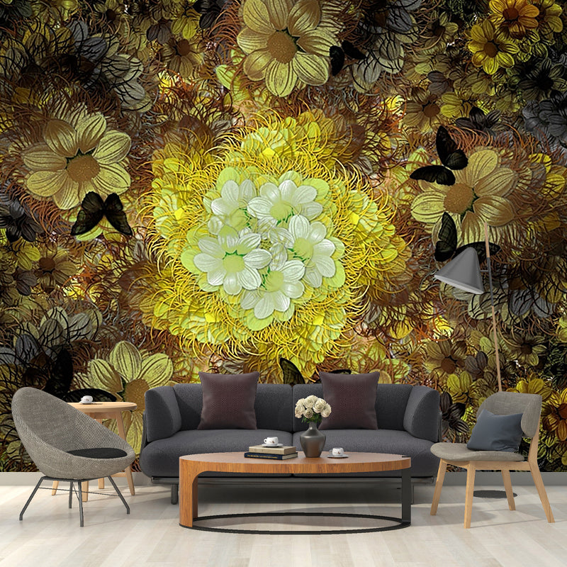 Grey-Yellow Chrysanths Mural Wallpaper Flower Classical Stain-Proof Wall Decoration Clearhalo 'Wall Decor' 'Wall Mural' 1171269