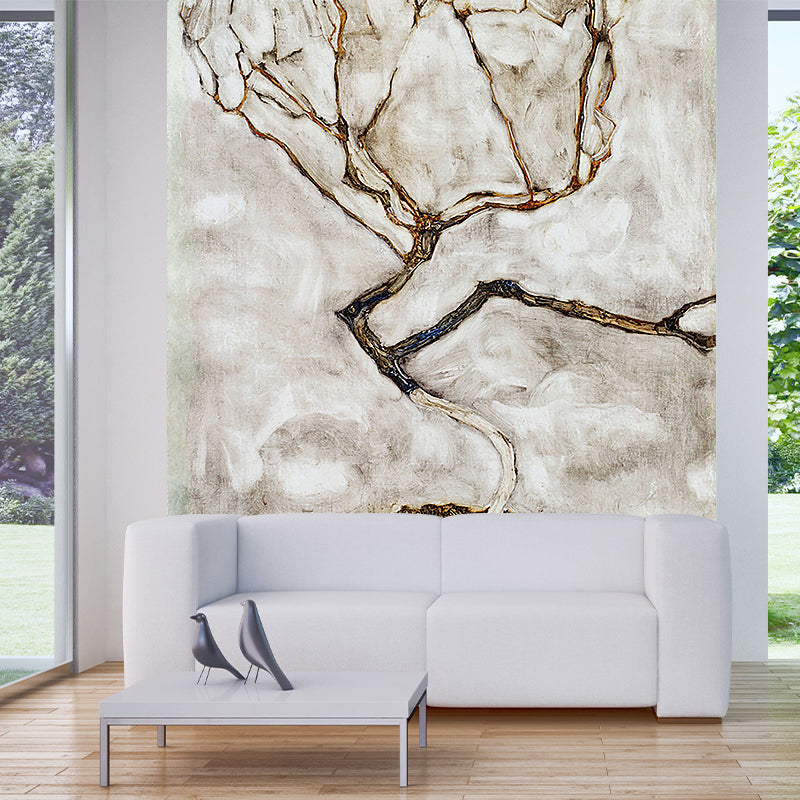 Non-Woven Stain Proof Mural Minimalist Small Tree in Late Autumn Painting Wall Covering White-Brown Clearhalo 'Wall Decor' 'Wall Mural' 1171277