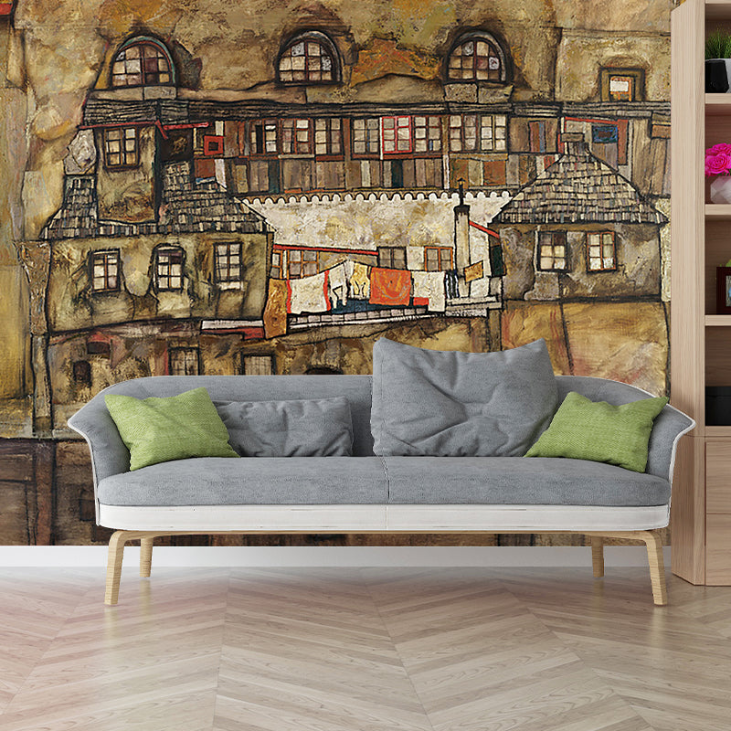 Non-Woven Washable Mural Art Deco House Wall on the River Painting Wall Covering in Brown Clearhalo 'Wall Decor' 'Wall Mural' 1171283