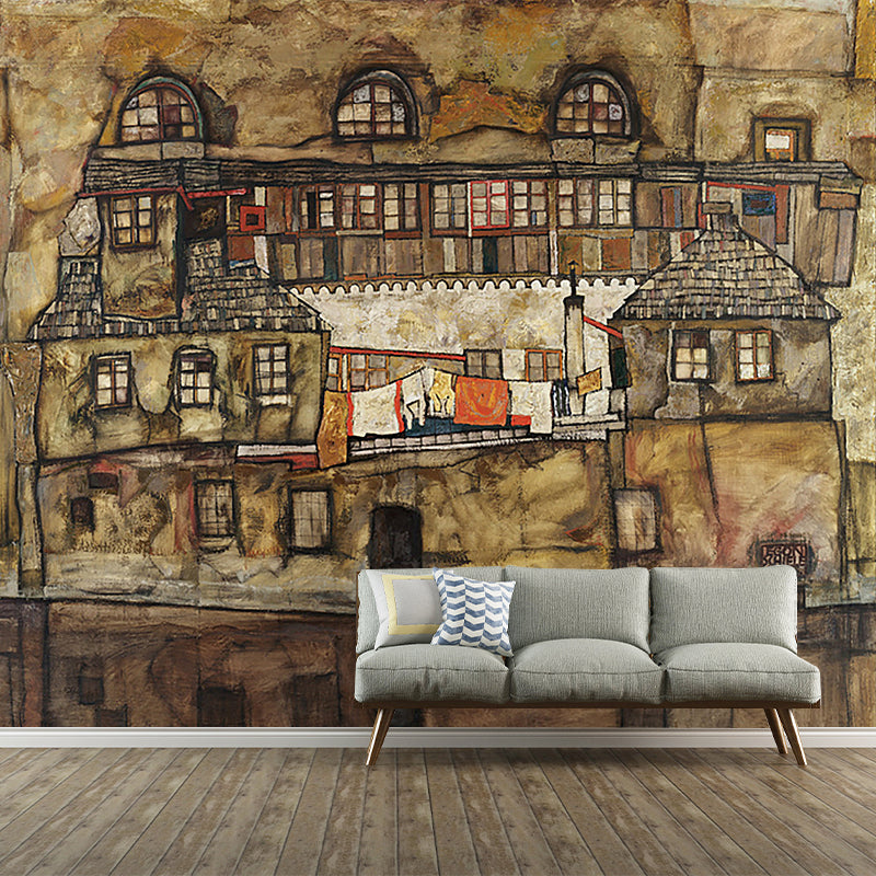 Non-Woven Washable Mural Art Deco House Wall on the River Painting Wall Covering in Brown Clearhalo 'Wall Decor' 'Wall Mural' 1171284