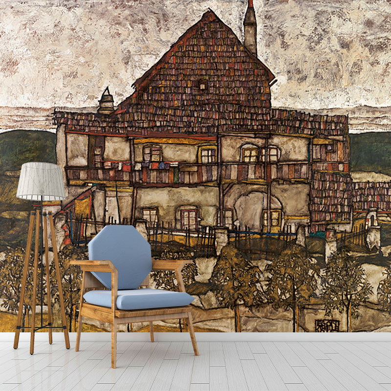 Whole Building Mural Wallpaper Living Room Egon Schiele House with Shingles Wall Art in Brown, Waterproof Brown Clearhalo 'Wall Decor' 'Wall Mural' 1171287