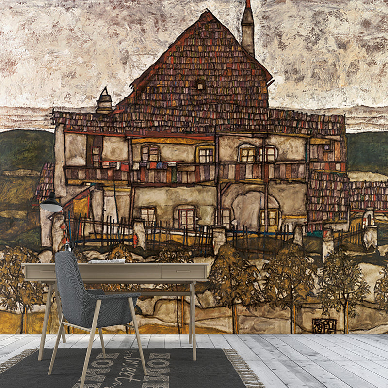 Whole Building Mural Wallpaper Living Room Egon Schiele House with Shingles Wall Art in Brown, Waterproof Clearhalo 'Wall Decor' 'Wall Mural' 1171288