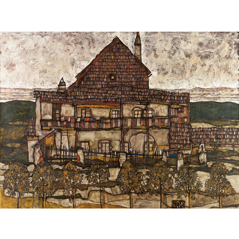 Whole Building Mural Wallpaper Living Room Egon Schiele House with Shingles Wall Art in Brown, Waterproof Clearhalo 'Wall Decor' 'Wall Mural' 1171290