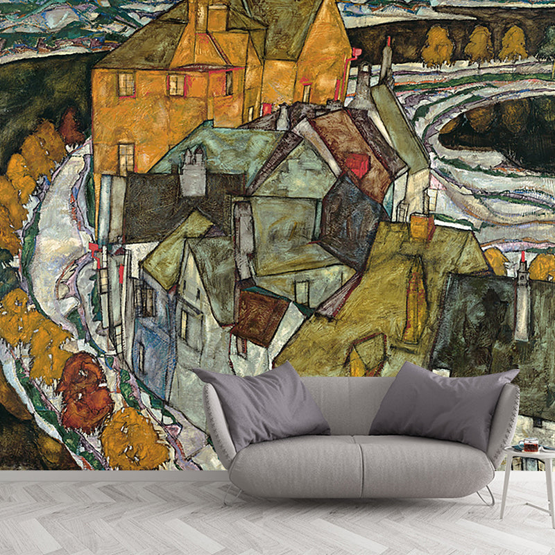 Egon Schiele Houses Painting Mural Brown-Green-Yellow Wall Art for Home Decoration Clearhalo 'Wall Decor' 'Wall Mural' 1171298