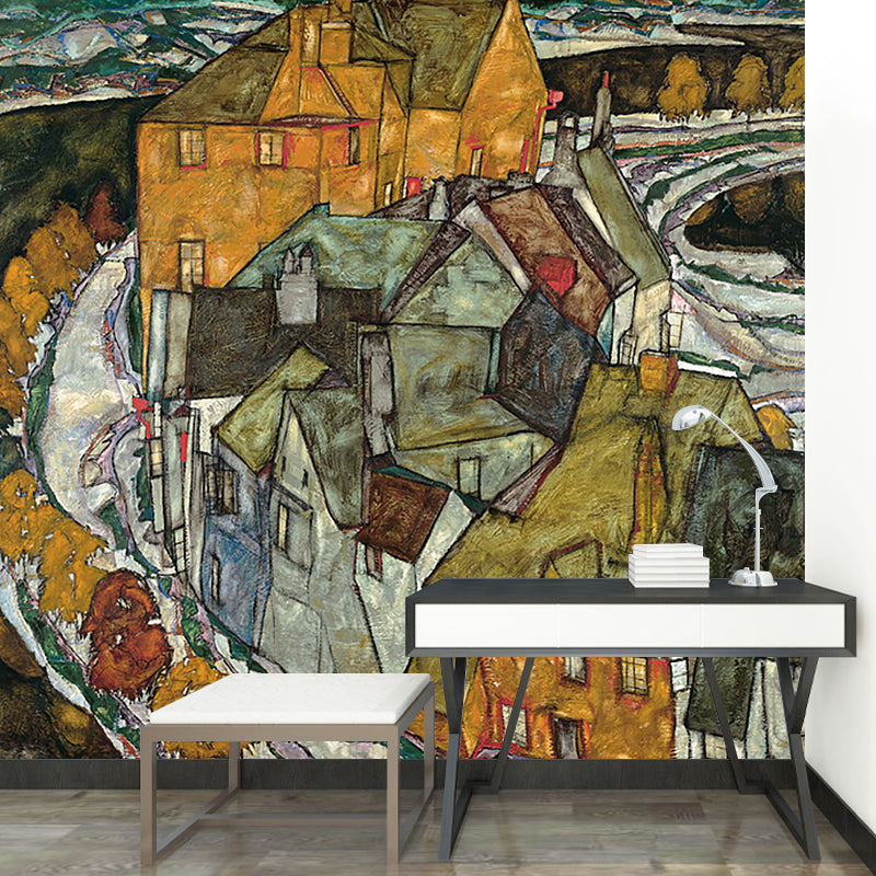 Egon Schiele Houses Painting Mural Brown-Green-Yellow Wall Art for Home Decoration Clearhalo 'Wall Decor' 'Wall Mural' 1171299