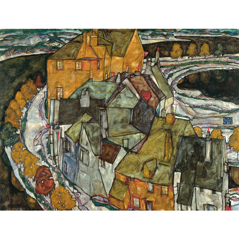 Egon Schiele Houses Painting Mural Brown-Green-Yellow Wall Art for Home Decoration Clearhalo 'Wall Decor' 'Wall Mural' 1171300