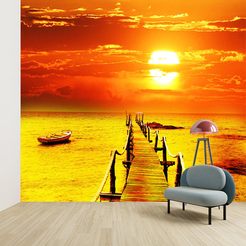 Sunset Bridge to Sea Murals Orange Contemporary Wall Decor for Living Room, Moisture Resistant Orange Clearhalo 'Wall Decor' 'Wall Mural' 1171302