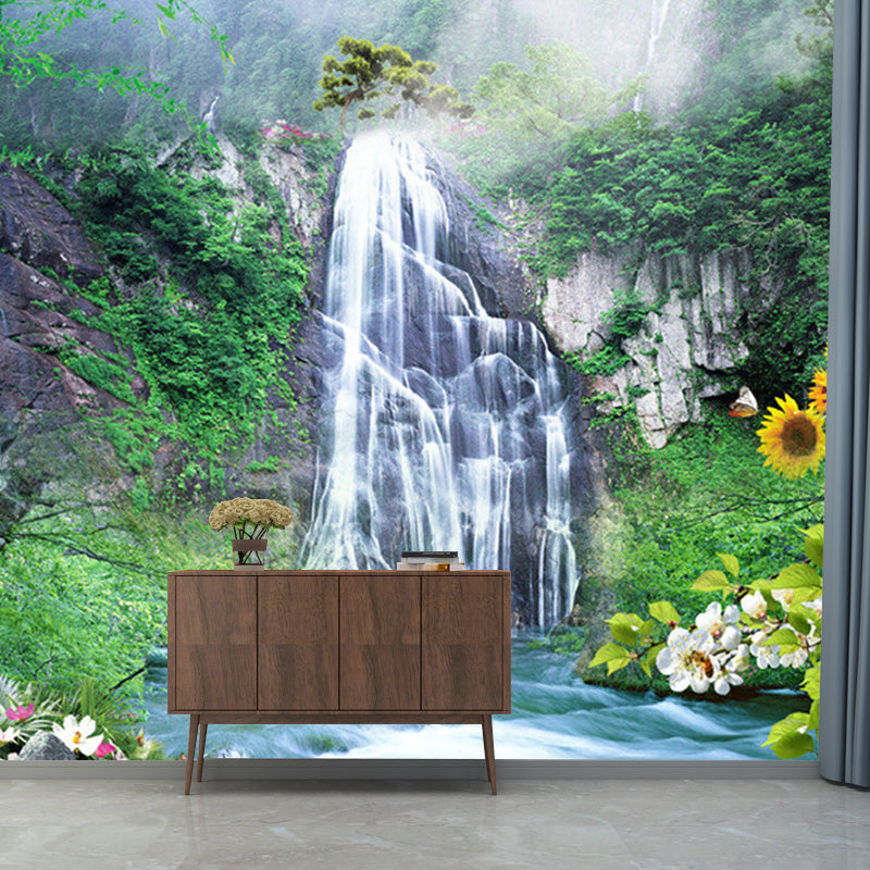 Photography Waterfall Mural Wallpaper Customized Wall Covering for Bedroom, Size Optional Green Clearhalo 'Wall Decor' 'Wall Mural' 1171307