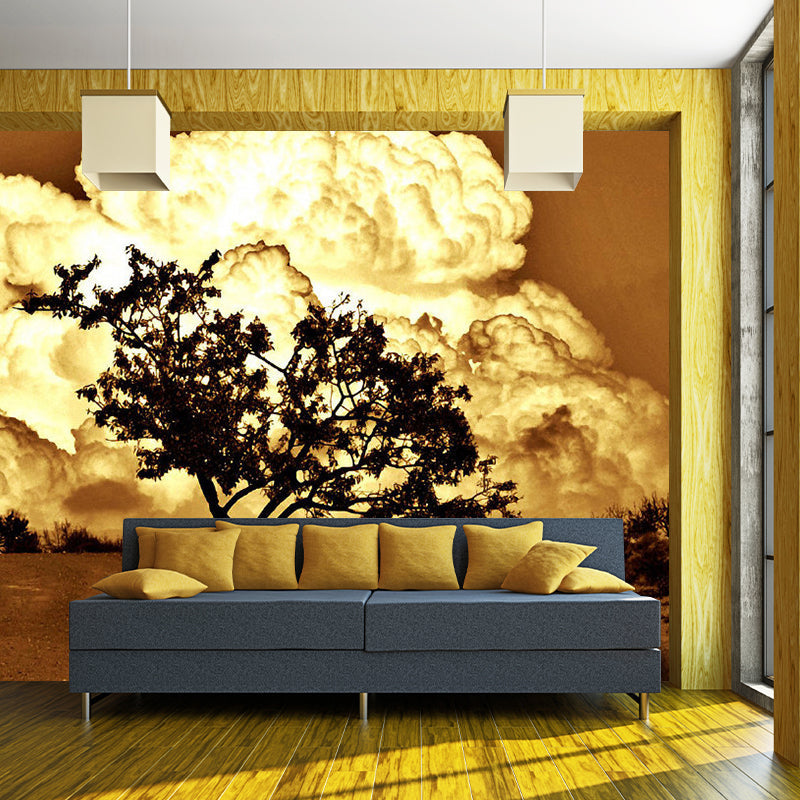 Custom Photography Modern Murals with Tree and Big Cloud Pattern in Brown, Non-Woven Brown Clearhalo 'Wall Decor' 'Wall Mural' 1171312