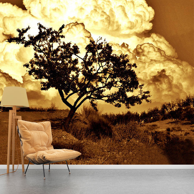 Custom Photography Modern Murals with Tree and Big Cloud Pattern in Brown, Non-Woven Clearhalo 'Wall Decor' 'Wall Mural' 1171313