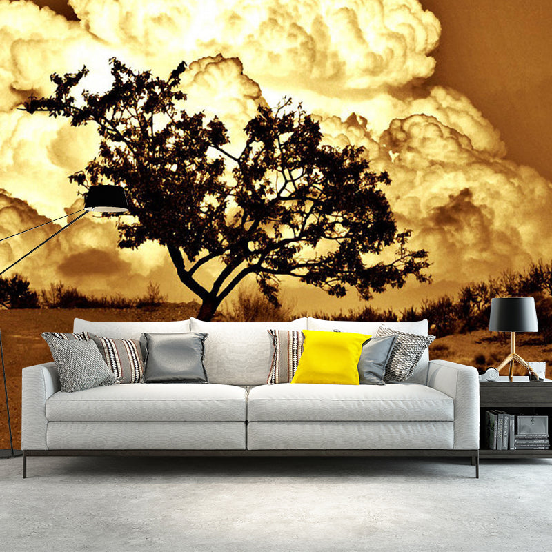 Custom Photography Modern Murals with Tree and Big Cloud Pattern in Brown, Non-Woven Clearhalo 'Wall Decor' 'Wall Mural' 1171314