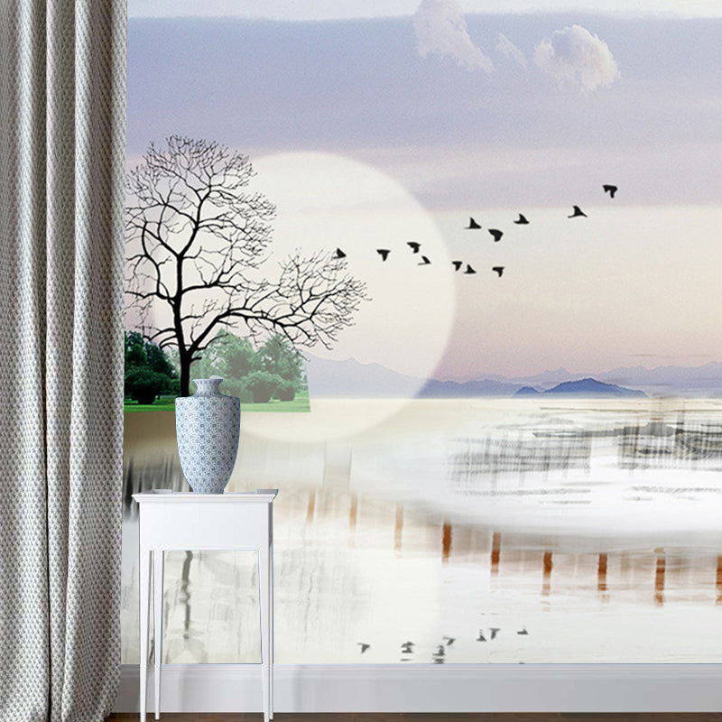 Full Moon Near Lake Mural Modernist Stain Resistant Bedroom Wall Decoration, Made to Measure Clearhalo 'Wall Decor' 'Wall Mural' 1171318