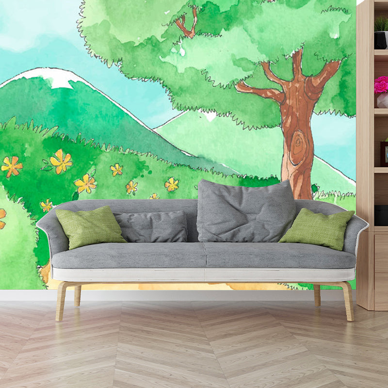 Green Spring Path Murals Cartoon Childrens Art Stain Proof Wall Art for Kids Bedroom Green Clearhalo 'Wall Decor' 'Wall Mural' 1171357