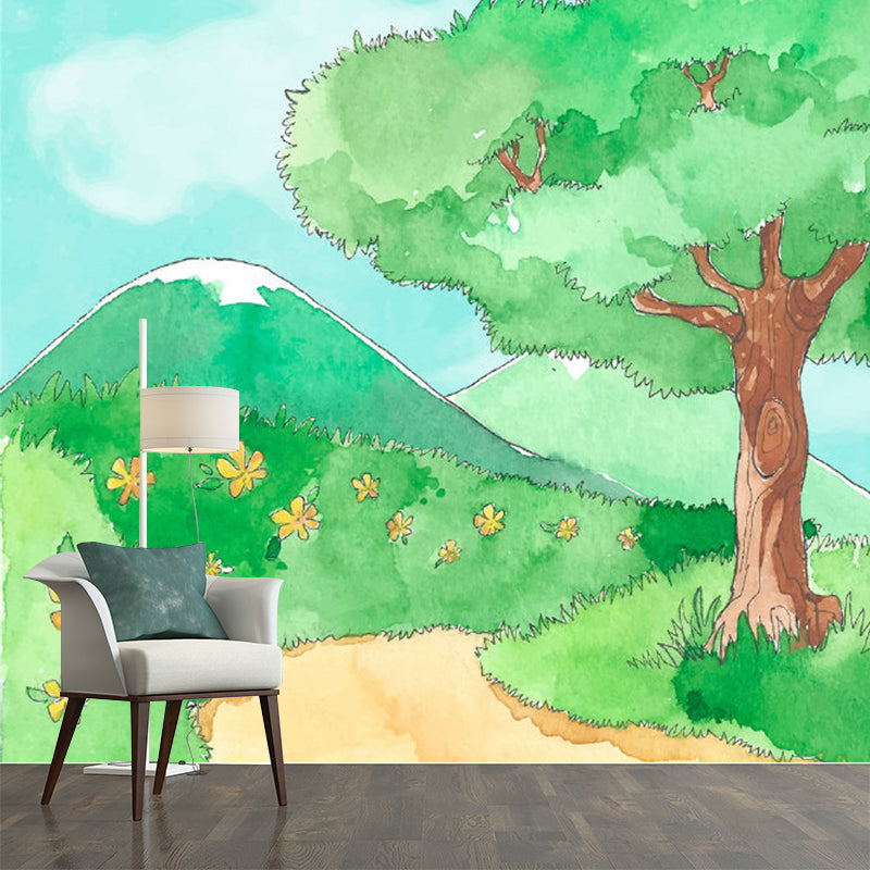 Green Spring Path Murals Cartoon Childrens Art Stain Proof Wall Art for Kids Bedroom Clearhalo 'Wall Decor' 'Wall Mural' 1171359